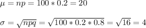 \mu=np=100*0.2=20\\\\\sigma=\sqrt{npq}=\sqrt{100*0.2*0.8}=\sqrt{16}=4