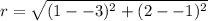 r =  \sqrt{(1- - 3)^2 +(2- - 1)^2}