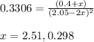 0.3306=\frac{(0.4+x)}{(2.05-2x)^2}\\\\x=2.51,0.298