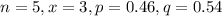 n=5,x=3,p=0.46,q=0.54