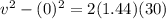 v^{2}-(0)^{2}= 2(1.44)(30)