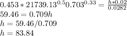 0.453* 21739.13^{0.5} 0.703^{0.33} = \frac{h * 0.02  }{0.0282}\\59.46 = 0.709h\\h = 59.46/0.709\\h = 83.84