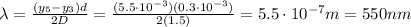 \lambda = \frac{(y_5-y_3) d}{2 D}=\frac{(5.5\cdot 10^{-3})(0.3\cdot 10^{-3})}{2(1.5)}=5.5 \cdot 10^{-7} m=550 nm
