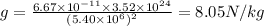 g=\frac{6.67\times 10^{-11} \times 3.52\times 10^{24}}{(5.40\times 10^6)^2} = 8.05 N/kg