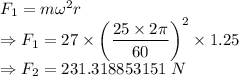F_1=m\omega^2 r\\\Rightarrow F_1=27\times \left(\dfrac{25\times 2\pi}{60}\right)^2\times 1.25\\\Rightarrow F_2=231.318853151\ N
