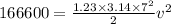 166600 = \frac{1.23 \times 3.14\times 7^{2}}{2}v^{2}