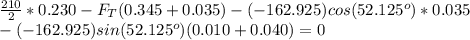 \frac{210}{2} * 0.230 -F_T (0.345 +0.035) - (-162.925)cos(52.125^o) *0.035\\-(-162.925)sin(52.125^o)(0.010 +0.040) =0