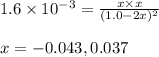 1.6\times 10^{-3}=\frac{x\times x}{(1.0-2x)^2}\\\\x=-0.043,0.037