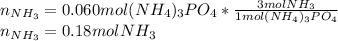 n_{NH_3}=0.060mol(NH_4)_3PO_4*\frac{3molNH_3}{1mol(NH_4)_3PO_4}\\n_{NH_3}=0.18molNH_3