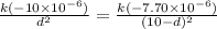 \frac{k(-10 \times 10^{-6})}{d^2} = \frac{k(-7.70 \times 10^{-6})}{(10-d)^2}