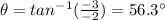 \theta=tan^{-1}(\frac{-3}{-2})=56.3^{\circ}