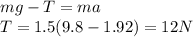 mg-T=ma\\T=1.5(9.8-1.92)=12N
