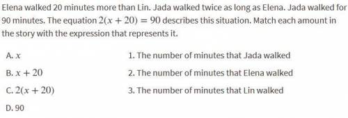 Elena walked 20 minutes more than Lin. Jada walked twice as long as Elena. Jada walked for 90 minute