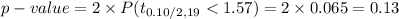 p-value=2\times P(t_{0.10/2, 19}