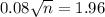 0.08\sqrt{n} = 1.96