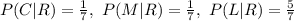 P(C|R)=\frac{1}{7},\ P(M|R)=\frac{1}{7},\ P(L|R)=\frac{5}{7}