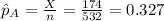 \hat p_A = \frac{X}{n}= \frac{174}{532}= 0.327
