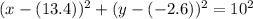 (x -(13.4))^2 + (y - (-2.6))^2 = 10^2