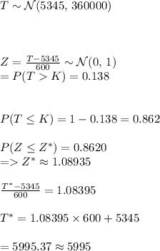 T \sim \mathcal{N}(5345,\,360000)\\\\\\\\Z=\frac{T-5345}{600} \sim \mathcal{N}(0,\,1)\\=P(TK)=0.138\\\\\\P(T\leq K)=1-0.138=0.862\\\\P(Z\leq Z^*)=0.8620\\=Z^*\approx 1.08935\\\\\frac{T^*-5345}{600}=1.08395\\\\T^*=1.08395\times 600+5345\\\\=5995.37\approx5995