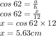 cos \: 62 =  \frac{a}{h}  \\ cos \: 62 =  \frac{x}{12}  \\  x = cos \: 62 \times 12 \\ x = 5.63cm