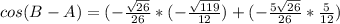 cos(B-A)=(-\frac{\sqrt{26} }{26}*(-\frac{\sqrt{119} }{12})+(-\frac{5\sqrt{26} }{26}*\frac{5}{12})