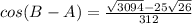 cos(B-A)=\frac{\sqrt{3094} - 25\sqrt{26}  }{312}