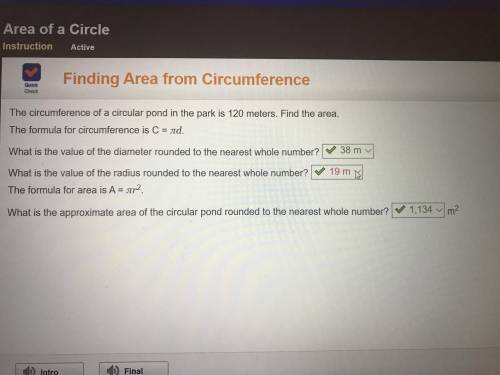 The circumference of a circular pond in the park is 120 meters. Find the area. The formula for circu