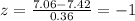 z=\frac{7.06-7.42}{0.36}=-1
