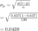 \sigma_p=\sqrt{\frac{p(1-p)}{n}}\\\\=\sqrt{\frac{0.637(1-0.637)}{120}}\\\\=0.0439