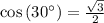 \cos \left(30^{\circ}\right)=\frac{\sqrt{3}}{2}