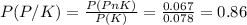 P(P/K)=\frac{P(PnK)}{P(K)} =\frac{0.067}{0.078} = 0. 86