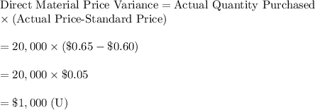 \text{Direct Material Price Variance}=\text{Actual Quantity Purchased}\\\times(\text{Actual Price-Standard Price})\\\\=20,000\times(\$0.65-\$0.60)\\\\=20,000\times\$0.05\\\\=\$1,000\;(\text{U})
