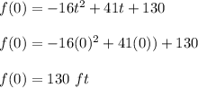 f(0)=-16t^2+41t+130\\\\f(0)=-16(0)^2+41(0))+130\\\\f(0)=130\ ft