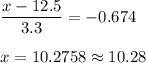 \displaystyle\frac{x - 12.5}{3.3} = -0.674\\\\x = 10.2758\approx 10.28