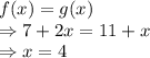 f(x) = g(x)\\\Rightarrow 7 + 2x = 11+x\\\Rightarrow x = 4