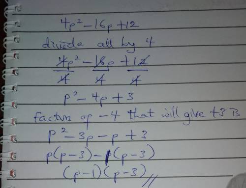 Factor polnomial 4p^2−16p+12