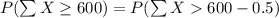 P(\sum X\geq 600)=P(\sum X600-0.5)