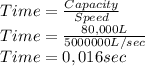 Time=\frac{Capacity}{Speed} \\Time=\frac{80,000 L}{5000000 L/sec} \\Time= 0,016 sec