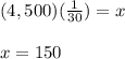 (4,500)(\frac{1}{30})=x\\\\x=150