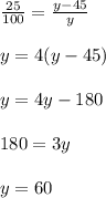 \frac{25}{100} = \frac{y -45}{y} \\\\y = 4(y - 45)\\\\y = 4y - 180\\\\180 = 3y\\\\y = 60