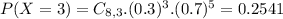 P(X = 3) = C_{8,3}.(0.3)^{3}.(0.7)^{5} = 0.2541