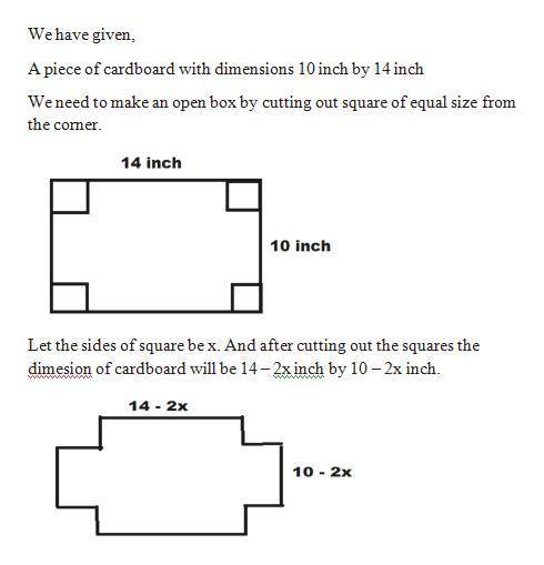 A rectangle has a length of 14 units and a width of 10 units. Squares of x by x units are cut out of