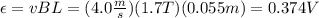 \epsilon=vBL=(4.0\frac{m}{s})(1.7T)(0.055m)=0.374V