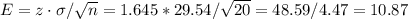E=z\cdot \sigma / \sqrt{n}=1.645*29.54/\sqrt{20}=48.59/4.47=10.87