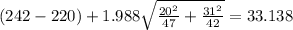 (242-220) +1.988 \sqrt{\frac{20^2}{47} +\frac{31^2}{42}} = 33.138