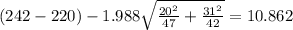 (242-220) -1.988 \sqrt{\frac{20^2}{47} +\frac{31^2}{42}} = 10.862