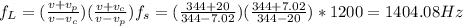 f_{L} =(\frac{v+v_{p} }{v-v_{c} } )(\frac{v+v_{c} }{v-v_{p} } )f_{s} =(\frac{344+20}{344-7.02} )(\frac{344+7.02}{344-20} )*1200=1404.08Hz