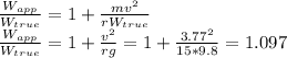 \frac{W_{app}}{W_{true} } =1+\frac{mv^{2} }{rW_{true}} \\\frac{W_{app}}{W_{true} }=1+\frac{v^{2} }{rg} =1+\frac{3.77^{2} }{15*9.8} =1.097