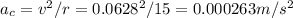 a_c = v^2/r = 0.0628^2/15 = 0.000263 m/s^2