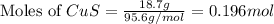 \text{Moles of }CuS=\frac{18.7g}{95.6g/mol}=0.196mol
